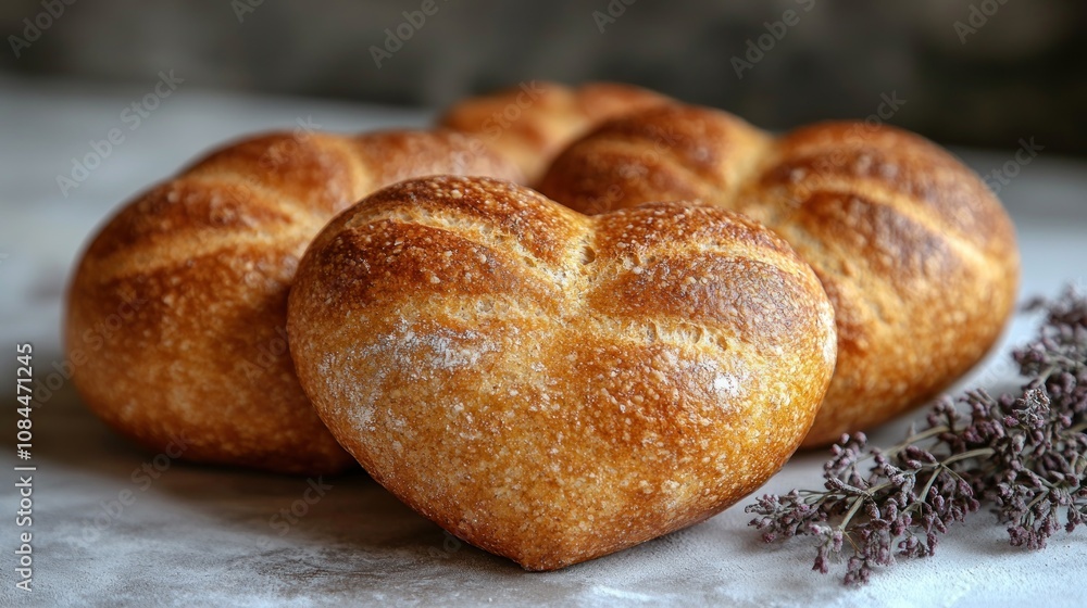 Heart-shaped bread rolls resting on marble, showcasing a golden crust and warm texture Heart-shaped bread rolls resting on marble, showcasing a golden crust and warm texture