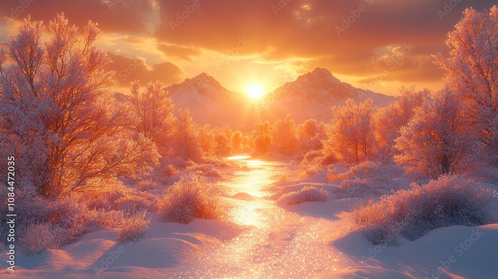 Winter Sunrise Over Snowy Mountains and Frozen River: A Majestic Landscape Painting Winter Sunrise Over Snowy Mountains and Frozen River: A Majestic Landscape Painting