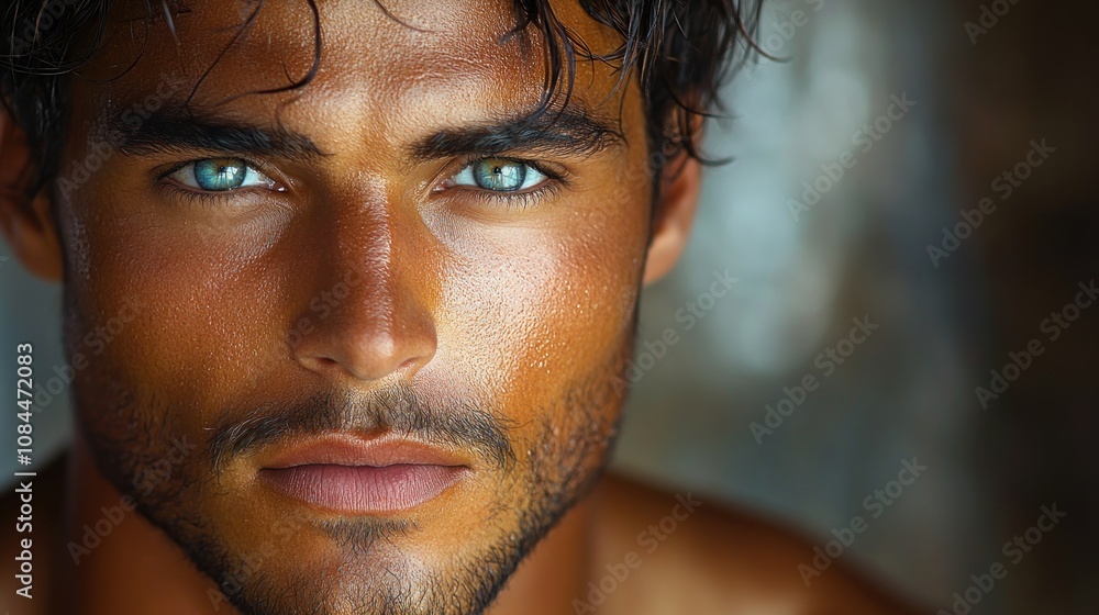 A striking male model highlights his blue eyes and chiseled features in sunlight A striking male model highlights his blue eyes and chiseled features in sunlight
