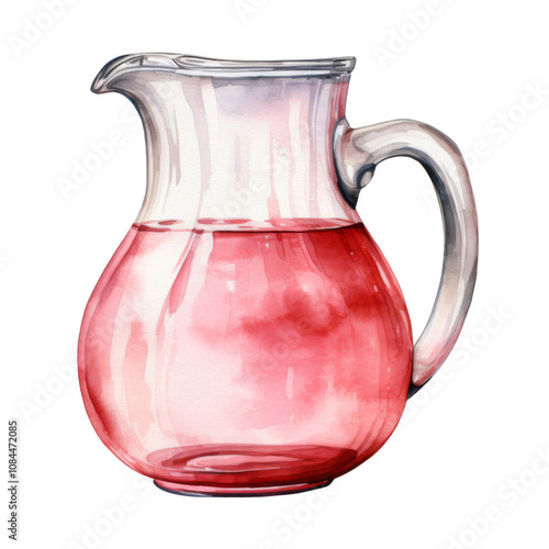 Watercolor painting of a glass pitcher filled with pink liquid.