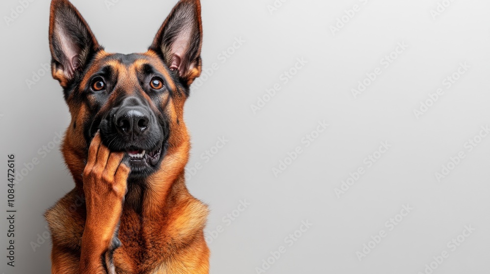 Obraz premium The German Shepherd appears contemplative, raising a paw in a cozy environment