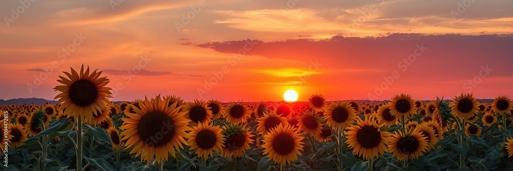 Fototapeta premium beautiful sunset over a sea of tall sunflowers, warm light, scenic views