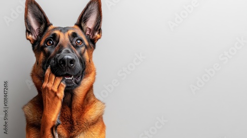 The German Shepherd appears contemplative, raising a paw in a cozy environment