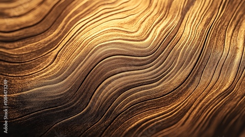 Close-up view of abstract golden wood texture with wavy patterns and intricate lines creating a sense of movement and depth, resembling natural tree rings or topographical lines. photo