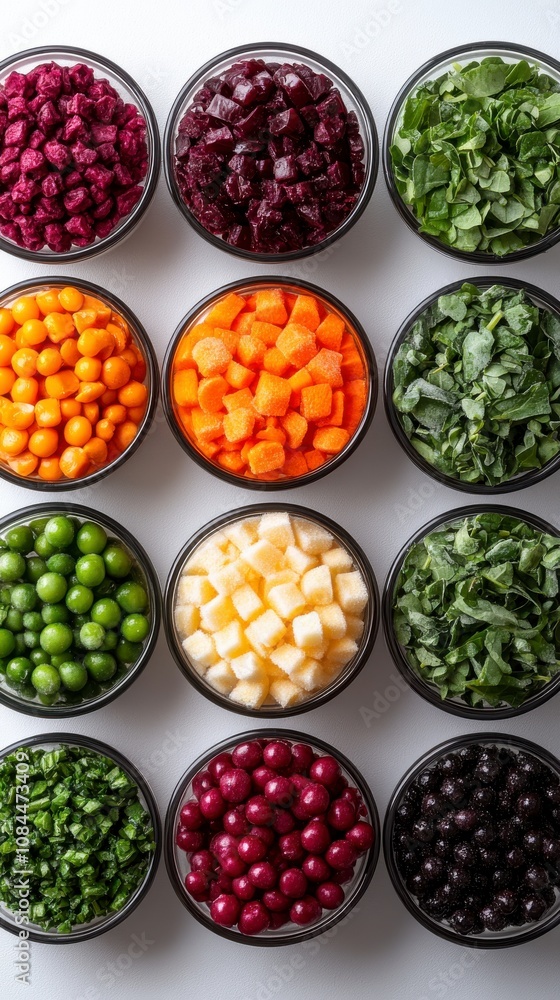 Frozen Vegetable Cubes in Small Glass Bowls - A Colorful and Nutritious Food Arrangement Frozen Vegetable Cubes in Small Glass Bowls - A Colorful and Nutritious Food Arrangement