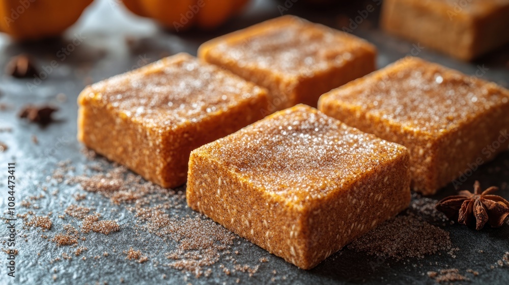 Pumpkin fudge squares with cinnamon evoke autumn on a dark stone surface Pumpkin fudge squares with cinnamon evoke autumn on a dark stone surface