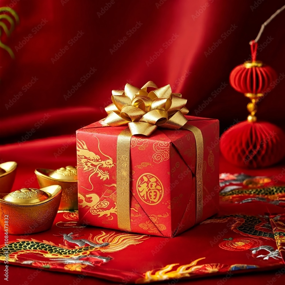 red gift box with a golden bow, adorned with traditional Chinese symbols, placed on silk fabric embroidered with dragons for the Lunar New Year. red gift box with a golden bow, adorned with traditional Chinese symbols, placed on silk fabric embroidered with dragons for the Lunar New Year.