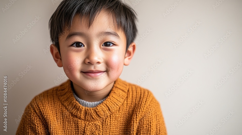 A cheerful boy beams with joy, dressed in a warm, knitted sweater indoors A cheerful boy beams with joy, dressed in a warm, knitted sweater indoors