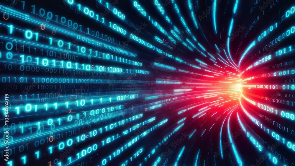 Obraz premium Data Stream Tunnel: High-speed digital data flows through a vibrant tunnel of binary code, creating a dynamic and futuristic visual. Perfect for tech, innovation, and speed concepts.