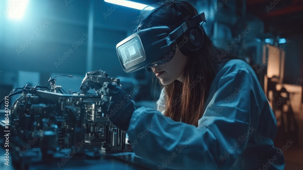 Female engineer developing new technology using virtual reality simulator Female engineer developing new technology using virtual reality simulator