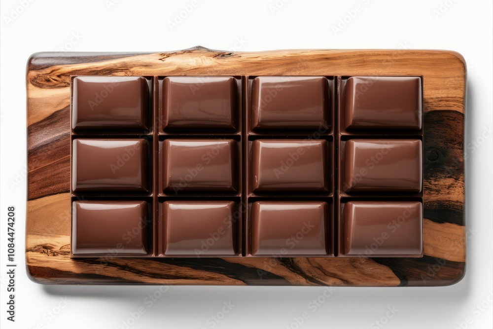 Dark Chocolate Bar on Wooden Board: A close-up shot of a smooth, dark chocolate bar, divided into squares, resting on a rustic wooden cutting board. The rich. Dark Chocolate Bar on Wooden Board: A close-up shot of a smooth, dark chocolate bar, divided into squares, resting on a rustic wooden cutting board. The rich.