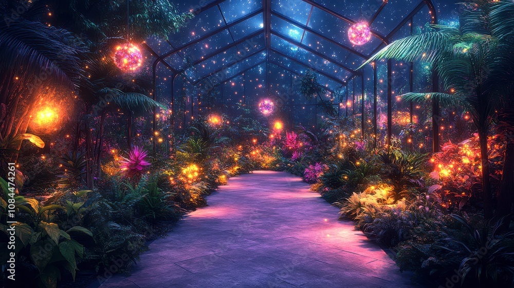 Enchanted Greenhouse Garden Path at Night: A Magical Floral Oasis Enchanted Greenhouse Garden Path at Night: A Magical Floral Oasis