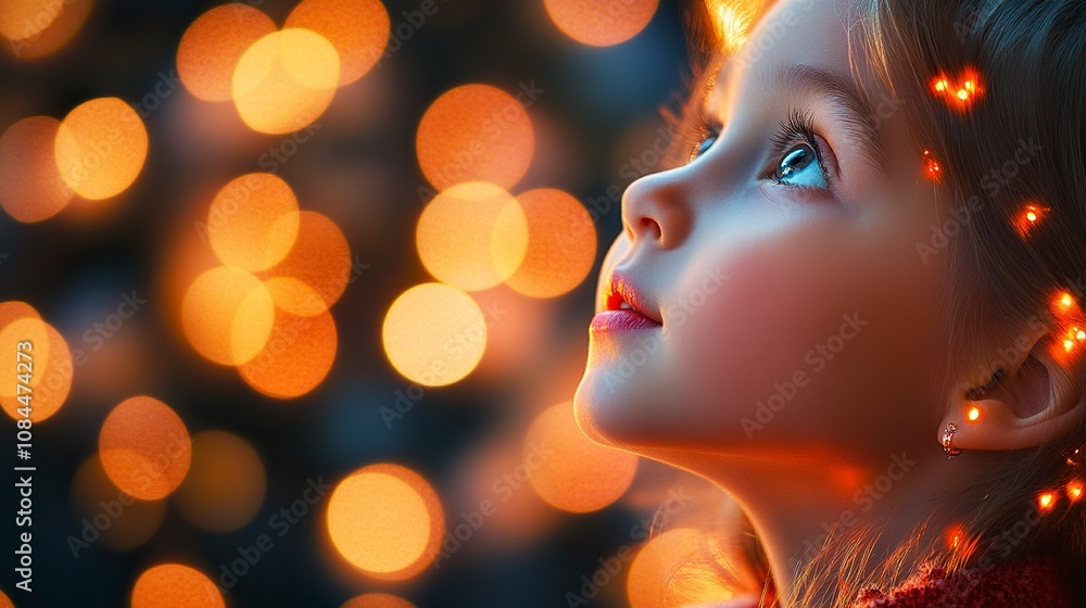 Little girl looking up, dressed as an adult, with Christmas lights reflecting on her face. generative ai Little girl looking up, dressed as an adult, with Christmas lights reflecting on her face. generative ai