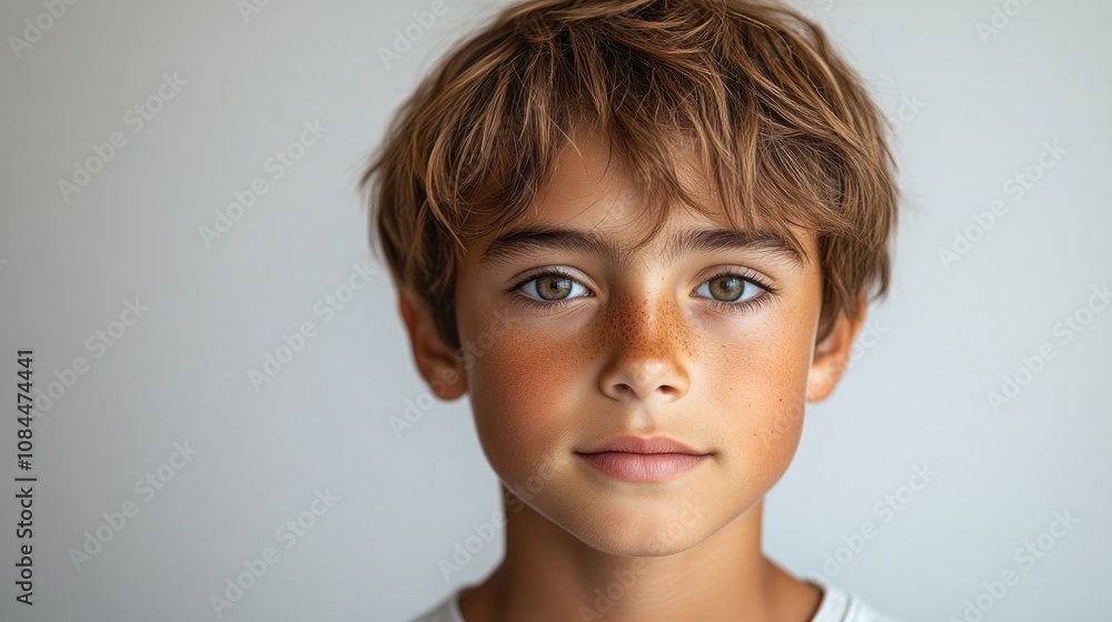 The young boy displays striking blue eyes and a bright smile against a neutral background The young boy displays striking blue eyes and a bright smile against a neutral background