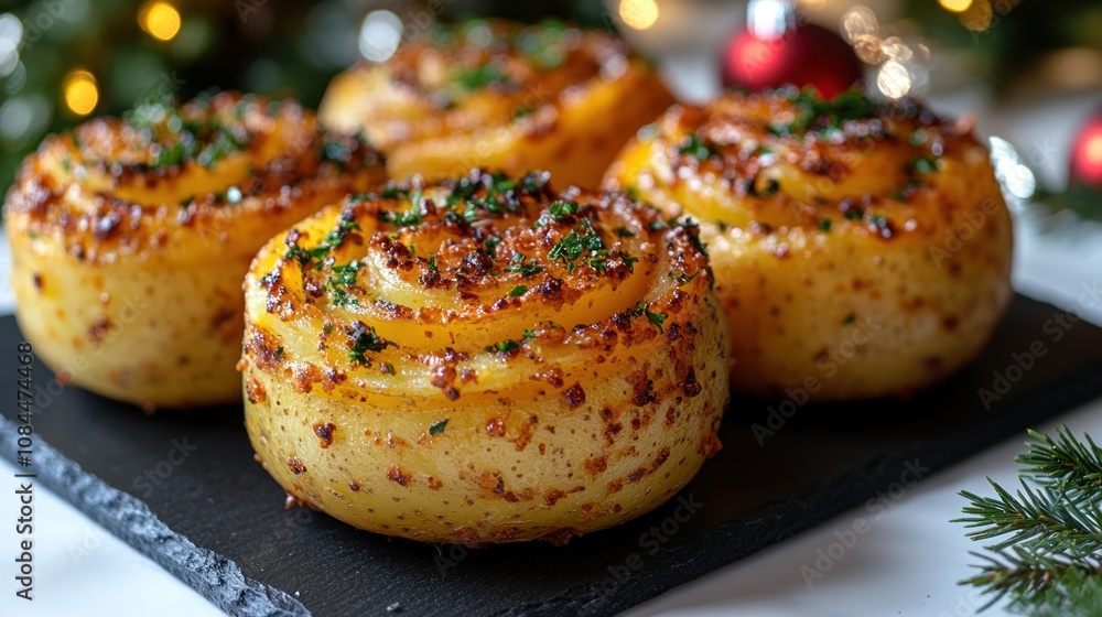 Savory spiral potatoes topped with herbs, embodying holiday warmth and cheerful dining Savory spiral potatoes topped with herbs, embodying holiday warmth and cheerful dining