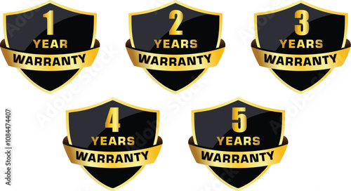 Warranty shield logo with ribbon set of one, two, three and five years old warranty with shiny effect in golden color. 1, 2, 3, 5 years warranty logo in shield. Vector 