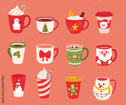 Various christmas mugs and cups of  hot drink big collection. Flat beverages. Holiday cute mugs with hot cocoa, coffee, and mulled wine. New year drinks decorated with sweets and candy.