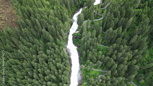 Aerial video of Krimml Waterfalls in Austria shot on a summer day