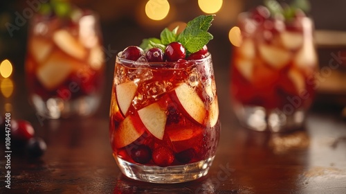 Refreshing cranberry apple sangria garnished with fresh mint and ice