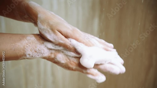 Close-up of hands washing with soap foam, cleaning procedure. Daily wellness routine. Concept of personal hygiene concept, body care, cleaning, prevention of germs and viruses.