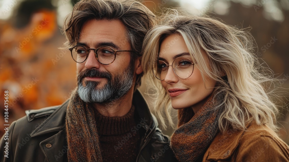 Elegant couple wearing eyeglasses enjoying autumn day outdoors Elegant couple wearing eyeglasses enjoying autumn day outdoors