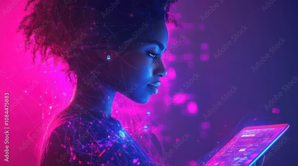 Futuristic, social network app or woman with tablet hologram of world user data or global analytics. Mobile tech ux, ui or business black woman with web internet, social media and future digital info Futuristic, social network app or woman with tablet hologram of world user data or global analytics. Mobile tech ux, ui or business black woman with web internet, social media and future digital info