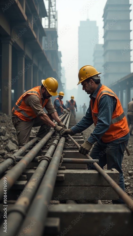 Workers laying railway tracks in a bustling construction site during the early morning Workers laying railway tracks in a bustling construction site during the early morning