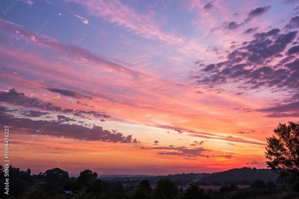 Fototapeta premium Breathtaking gradient of orange to pink to purple hues fills sky as sunset slowly sets, mix, sunset