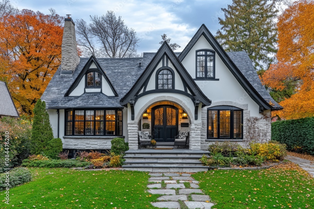 Beautiful craftsman home exterior with stone walkway and landscaping on cloudy autumn day Beautiful craftsman home exterior with stone walkway and landscaping on cloudy autumn day