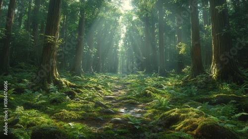 Enchanted Forest Path: Sunlight Illuminates a Lush Green Pathway