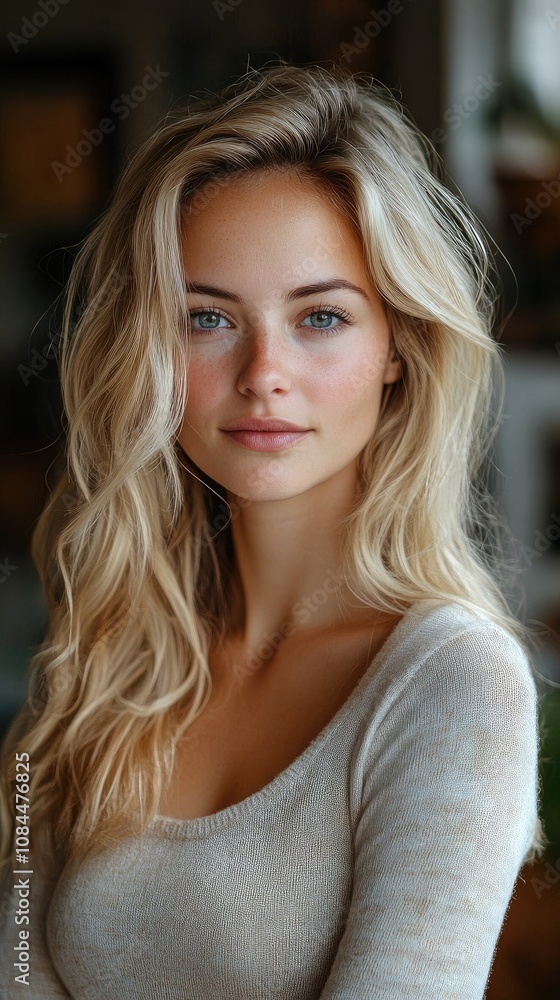 Portrait of beautiful blond woman with long wavy hair posing indoors Portrait of beautiful blond woman with long wavy hair posing indoors