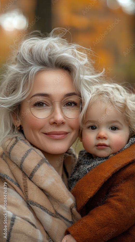 Mother embracing her baby in autumn scenery, wearing stylish eyeglasses and scarf Mother embracing her baby in autumn scenery, wearing stylish eyeglasses and scarf
