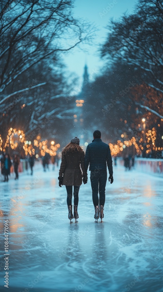 Romantic couple ice skating in central park during snowfall at dusk Romantic couple ice skating in central park during snowfall at dusk