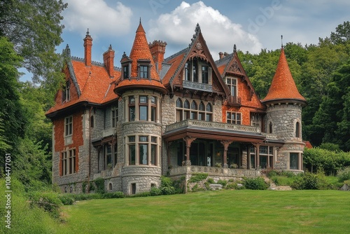 Victorian house surrounded by trees and grass on a cloudy day