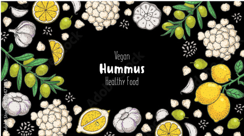 Hummus packaging design template. Cooking and ingredients for hummus. Sketch illustration. Middle eastern cuisine frame. Healthy food recipe, design elements. Hand drawn, package design.