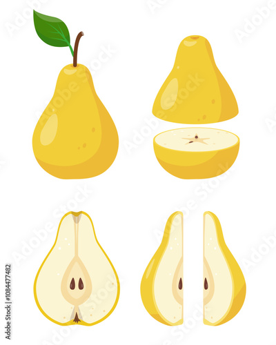 Set of yellow pear fruits icons. Fresh whole and cut Pears. Organic fruits for juice, smoothie or vitamin C healthy food. Vector illustration isolated on white background.