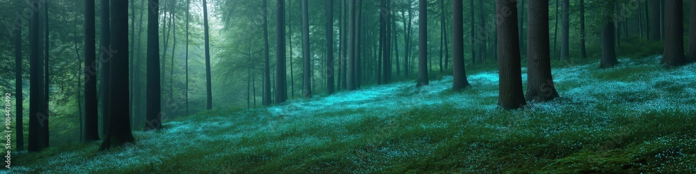 Obraz premium A forest with trees that are glowing blue. The image has a serene and peaceful mood. The blue glow of the trees creates a calming atmosphere, and the forest setting is a beautiful and tranquil place