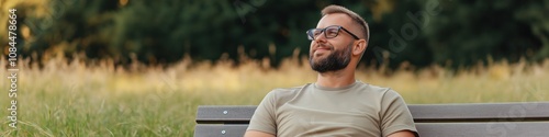 A man is sitting on a bench in a grassy field. He is wearing glasses and has a beard. He is smiling and looking up at the sky