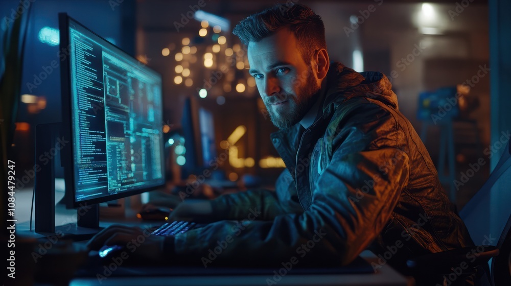 Obraz premium No glitches in this code. Shot of a happy computer programmer working on new software at his computer.