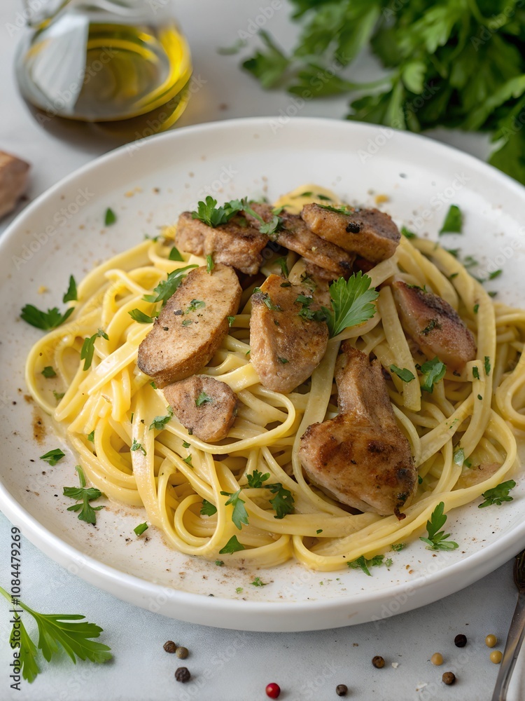 Linguine with fried chicken livers, top view. Linguine with fried chicken livers, top view.