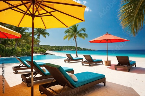 Wallpaper Mural Stylish Sun Loungers Under a Colorful Umbrella at a Beautiful Beachfront Retreat Torontodigital.ca