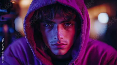 medium shot, portrait of incognito with video cinema on set in vibrant purple hoodie, rim lighting, in minimalistic black concrette building, purple color palette