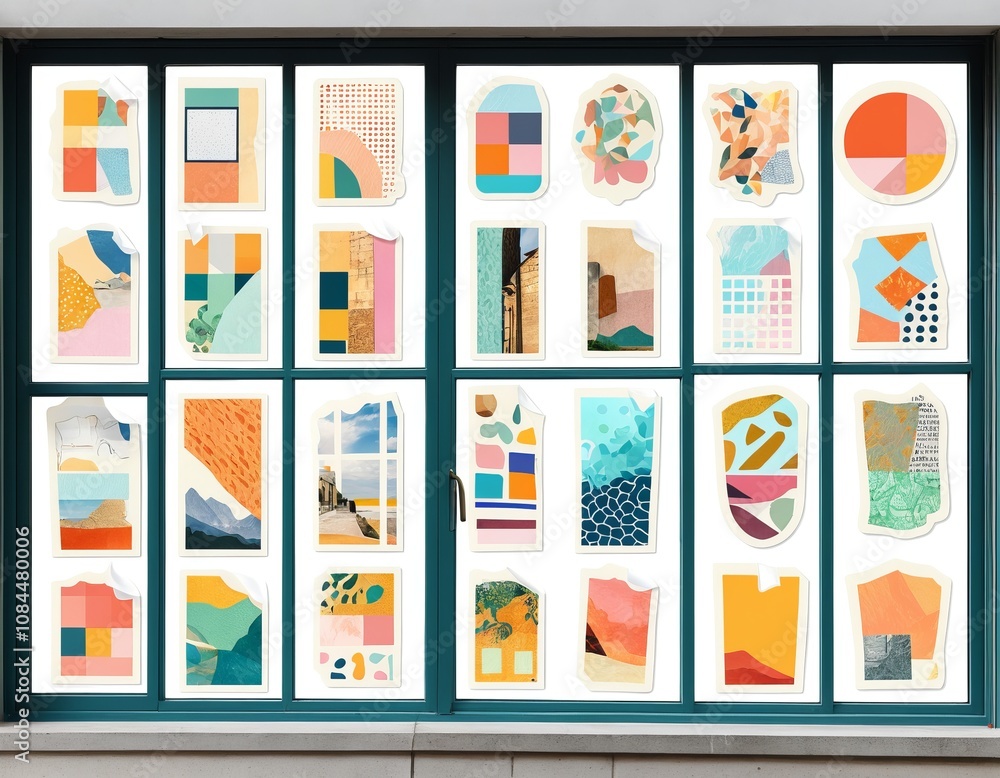Geometric art collage on glass window with vibrant abstract patterns Geometric art collage on glass window with vibrant abstract patterns