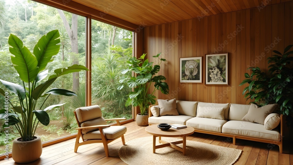 Fototapeta premium A luxurious, stylish, wooden warm modernist interior with panoramic windows with elegant, organic wooden elements, surrounded by lush, paradise nature.