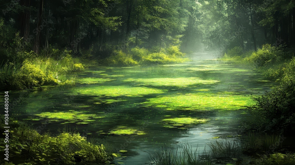 Fototapeta premium Enchanted Forest River: A Misty Landscape of Tranquil Beauty