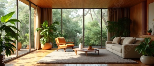 A luxurious, stylish, wooden warm modernist interior with panoramic windows with elegant, organic wooden elements, surrounded by lush, paradise nature.