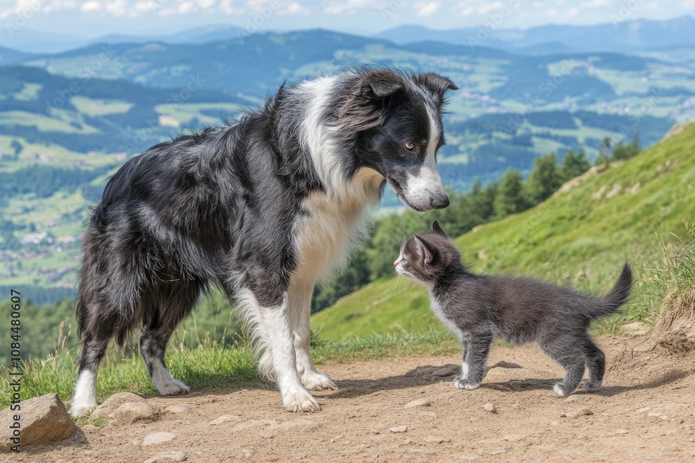 Fototapeta premium Playful encounter between border collie and curious kitten in scenic mountain landscape
