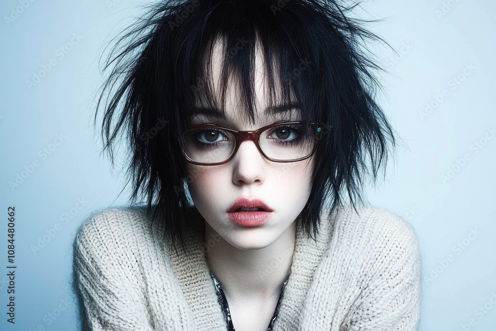 Young woman with black hair and glasses wearing cozy sweater against blue background Young woman with black hair and glasses wearing cozy sweater against blue background