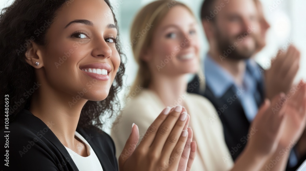 Obraz premium Supportive colleagues clapping for female architect leading meeting at whiteboard