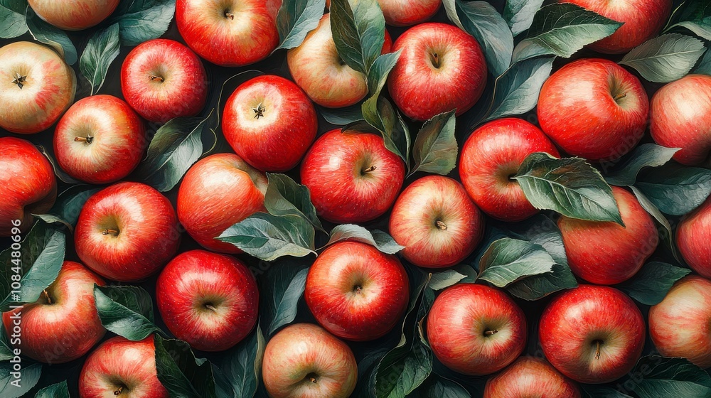 A Stunning Display of Red Apples with Leaves: A Detailed Still Life A Stunning Display of Red Apples with Leaves: A Detailed Still Life